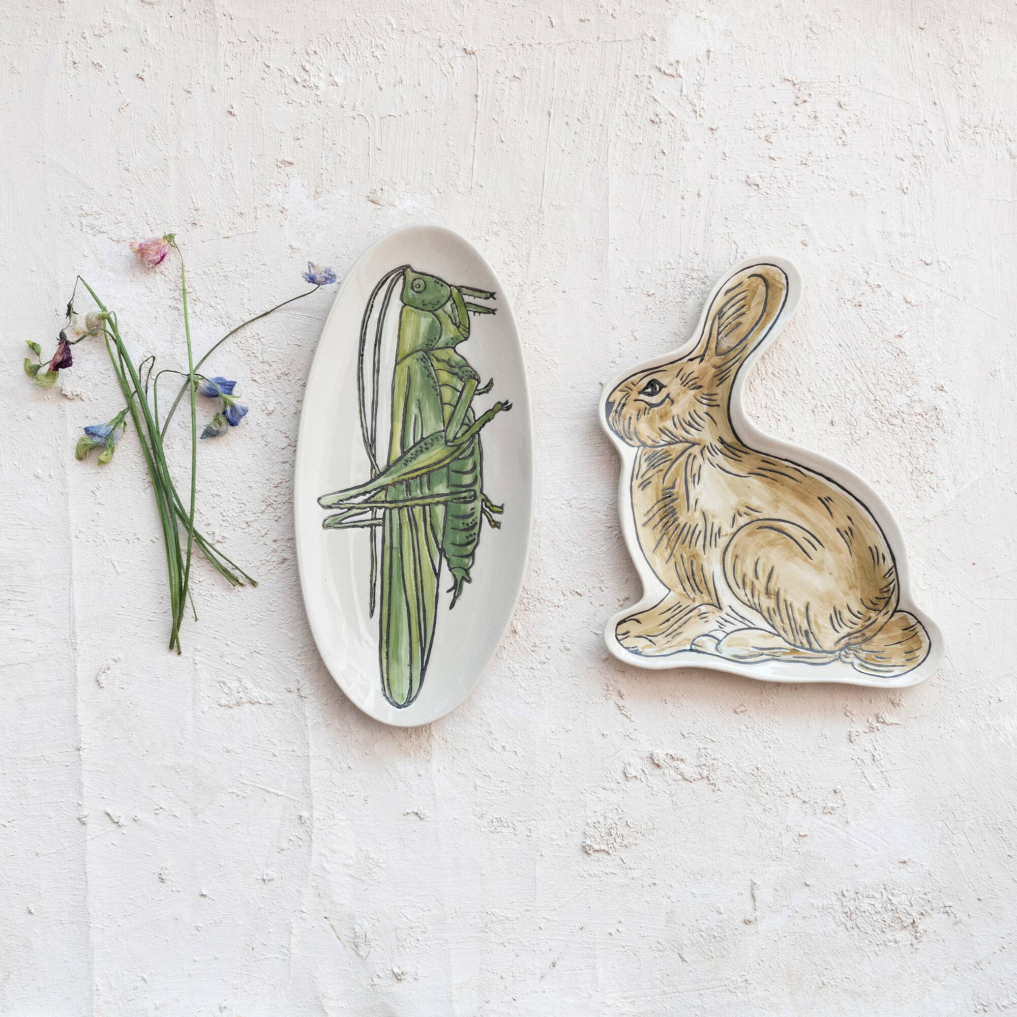 Hello Honey® 11.5" Green & White Hand-Painted Grasshopper Stoneware Plate